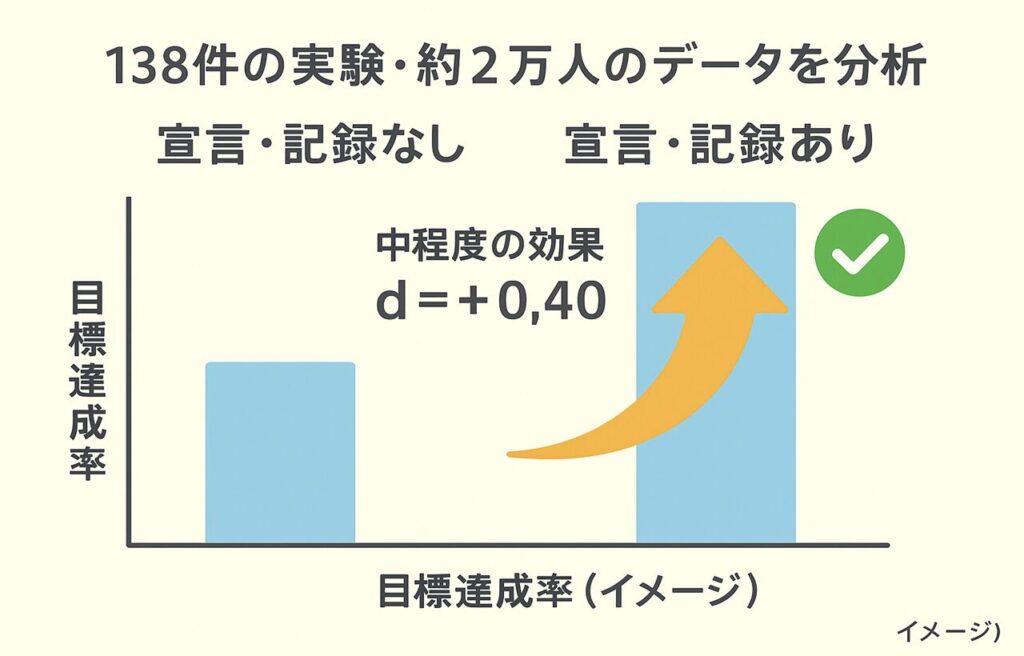 横長のインフォグラフィック。左に“宣言・記録なし”の棒グラフ、右に“宣言・記録あり”の棒グラフが描かれ、右側の方が高く表示されている。中央に矢印があり“効果量 d=0.40(中程度の効果)”と示され、下部に“※これはイメージです”という注釈が入っている。