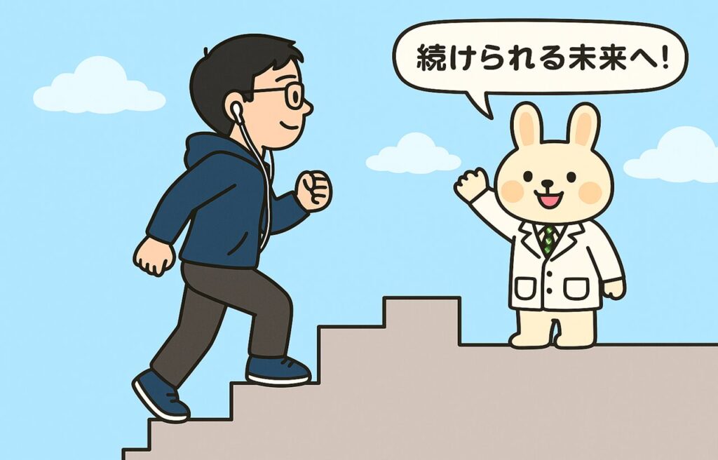 まなぶくんが階段を一歩ずつ登っているイラスト。上の段で白衣を着たうさぎキャラクターのみどりんが手を振って応援している。背景は明るい青空で、続けられる未来や前向きな成長のイメージを表現した横長イラスト。