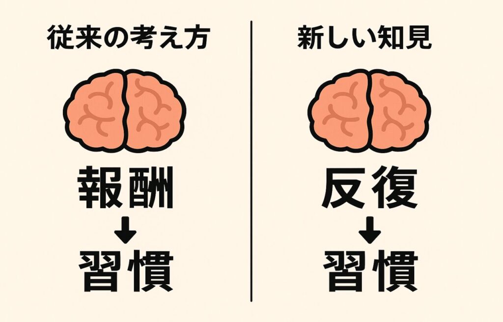 習慣形成の2つのモデルを比較する図解。左は『従来の考え方』として、脳から『報酬 → 習慣』へ矢印が描かれている。右は『新しい知見』として、脳から『反復 → 習慣』へ矢印が描かれている。シンプルな脳のイラストと日本語テキストで表現。