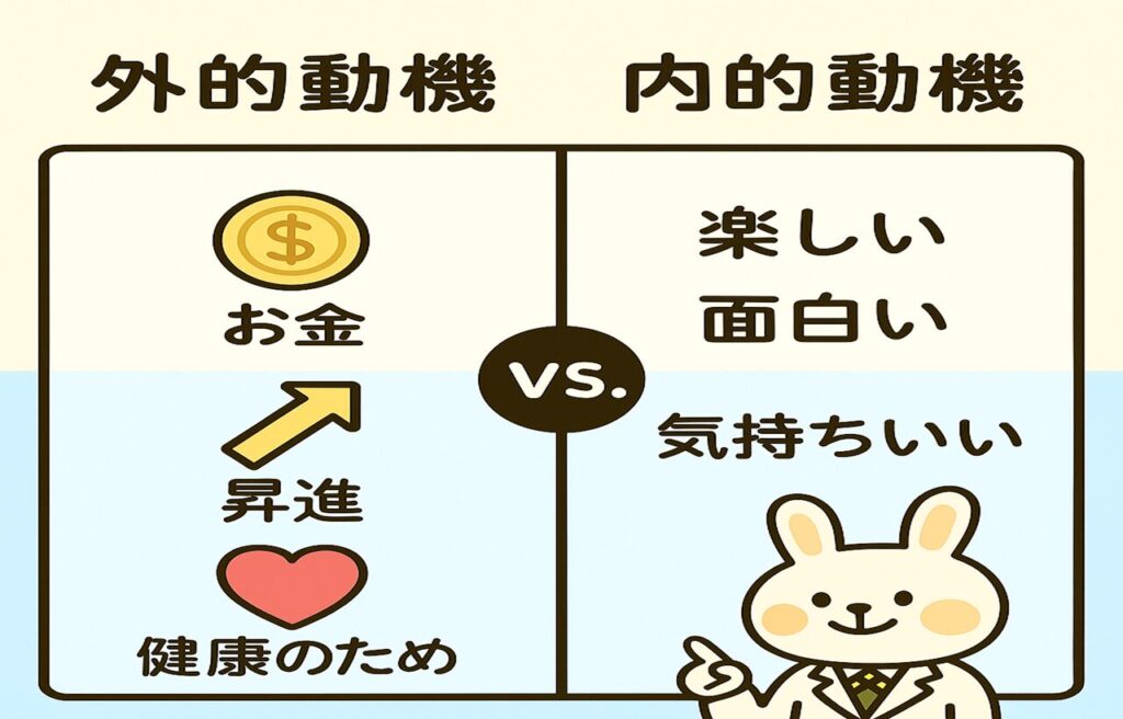外的動機と内的動機を比較した横長の図解イラスト。左側に『外的動機(外発的動機づけ)』として、お金・昇進・健康のためのアイコンを配置。右側に『内的動機(内発的動機づけ)』として、楽しい・面白い・気持ちいいを示す音符・電球・リラックス姿のアイコンを配置。中央に矢印で両者の対比を表現。背景は明るい緑と青でシンプルなデザイン。