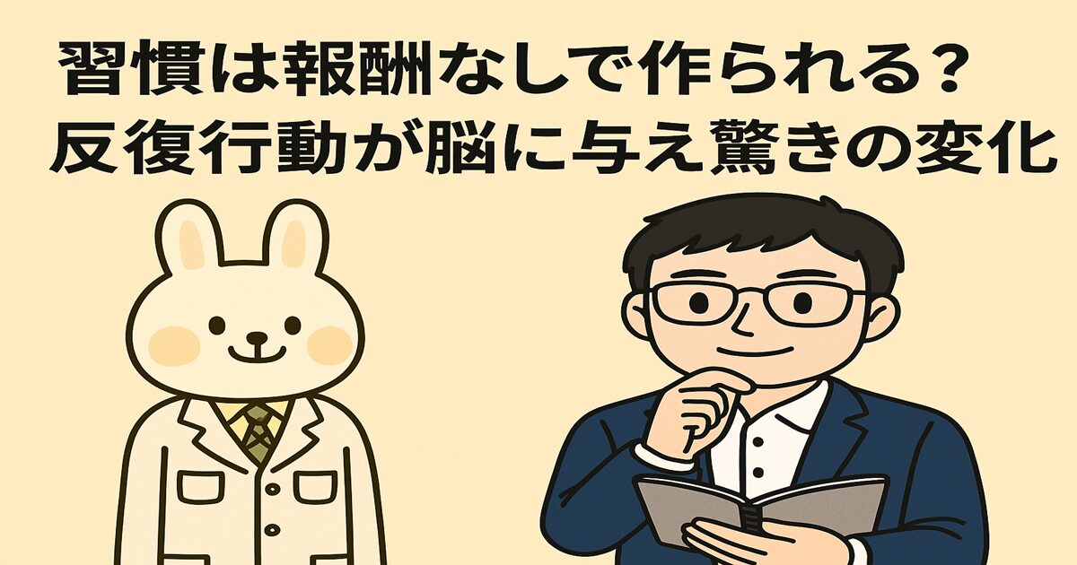 白衣を着たうさぎキャラクター“みどりん”と、スーツ姿で本を持つ“まなぶくん”が並んでいる。上部には『習慣は報酬なしで作られる？反復行動が脳に与え驚きの変化』というタイトルテキストが表示されている横長のイラスト。