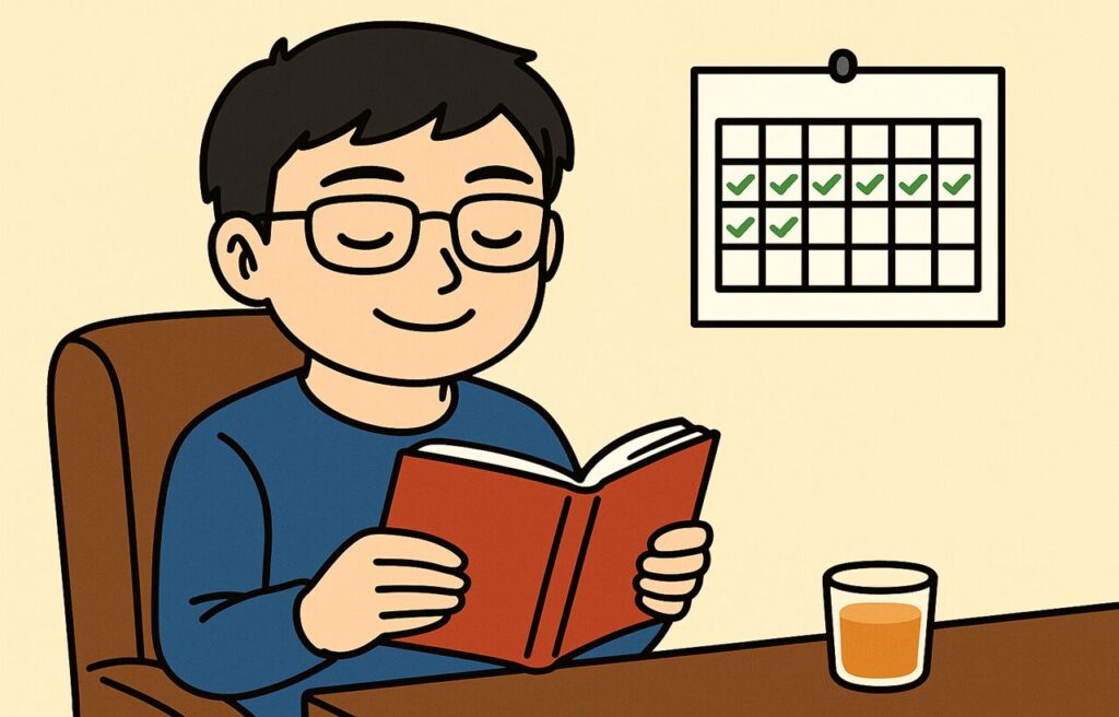 メガネをかけたまなぶくんが椅子に座り、本を読んでいる。後ろの壁にはカレンダーが掛けられており、日付に複数のチェックマークが入っている。机の上には飲み物のグラスが置かれている。良い習慣を積み重ねる様子を表現したイラスト。