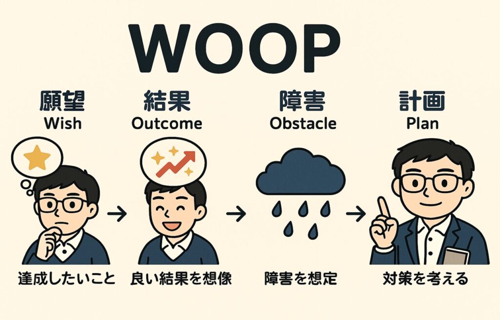 メガネをかけたキャラクター“まなぶくん”が、WOOPの4ステップ(Wish・Outcome・Obstacle・Plan)を示す日本語付きのシンプルな図解を背景に立っている。各ステップには短い説明文が日本語で書かれており、全体が横長レイアウトで構成されたインフォグラフィック。