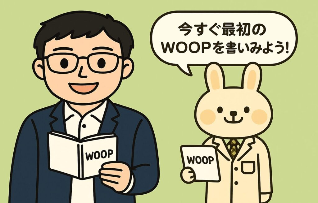 うさぎキャラクター“みどりん”とメガネをかけた男性キャラクター“まなぶくん”が並んでWOOPノートを持ち、笑顔で立っている。右上には吹き出しで『今すぐ最初のWOOPを書いてみよう!』と書かれた、横長の明るいイラスト。