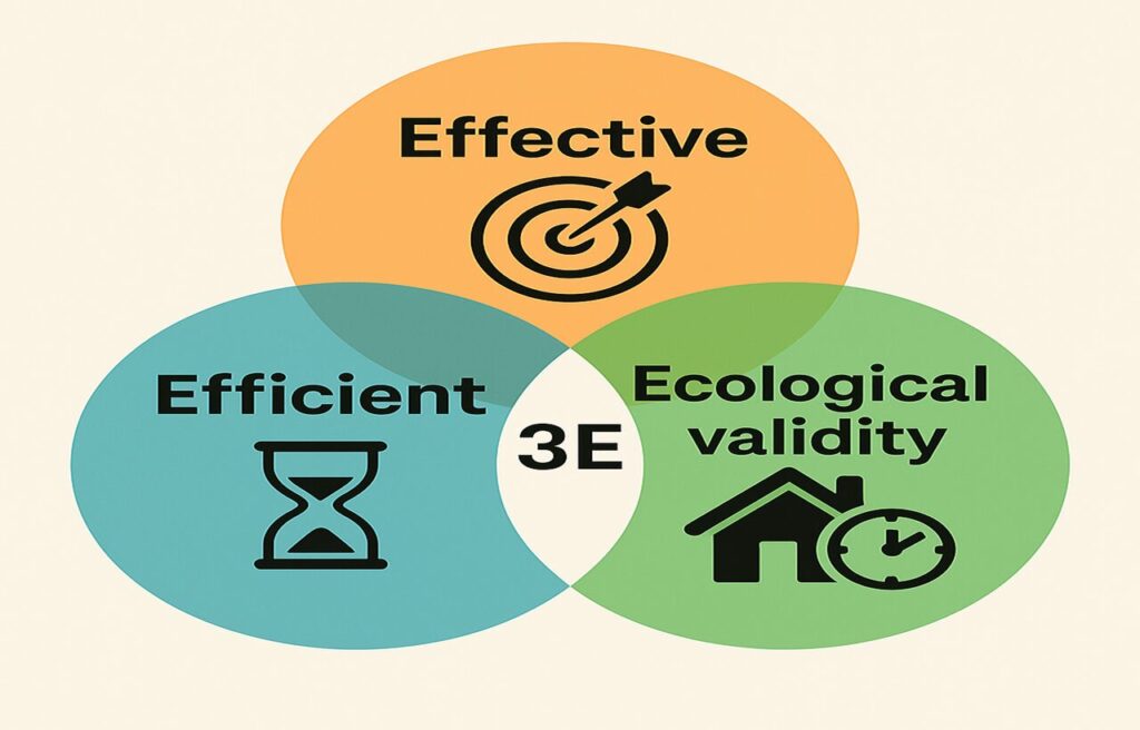 3Eモデルを示す図解イラスト。三角形の各頂点に“Effective(効果的)”=ターゲットマーク、“Efficient(効率的)”=砂時計、“Ecological validity(環境に合う)”=家のアイコンが配置され、3つの視点がバランスを取ることで習慣が続くことを表現している。