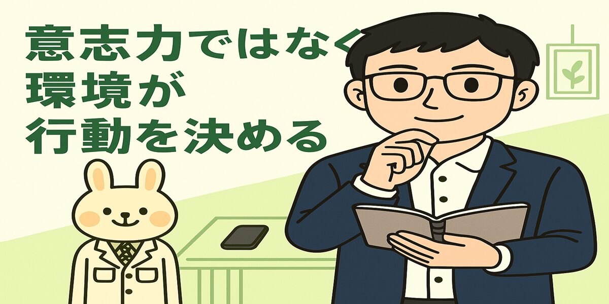 スーツ姿のまなぶくんがノートを手に考えている横で、白衣を着たうさぎの薬剤師みどりんが微笑んでいる。背景にはデスクとスマートフォンが並び、「環境設計で行動が変わる」という記事テーマを示すイラスト。