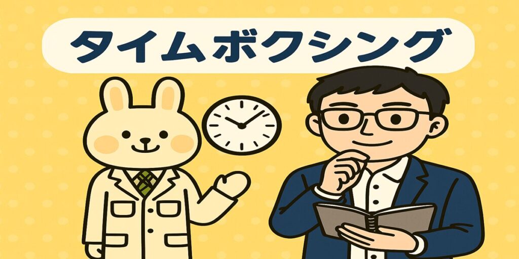 タイムボクシングをテーマに、白衣のうさぎキャラ「みどりん」と手帳を持つ「まなぶくん」がスケジュール表の前で時間管理と生産性向上のコツを話し合っているイラスト。集中力アップや先延ばし防止の思考法を象徴する構図。