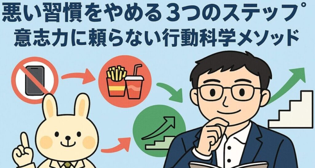 白衣を着たうさぎのキャラクター・みどりんと、ノートを持って考えている男性キャラクター・まなぶくんが並んで立っている。背景には“悪習慣”を示すスマホやジャンクフードのアイコンと、“良い習慣”を象徴するチェックマークや上向き矢印が配置され、悪い習慣をやめる3ステップの記事内容がひと目でわかる構成の横長イラスト。