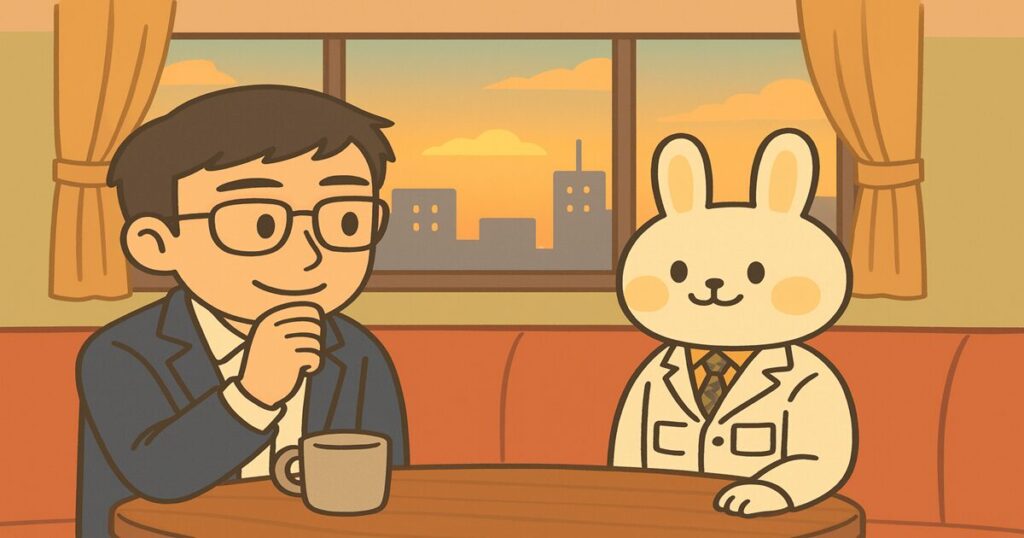 夕方のカフェのソファ席で、まなぶくん(メガネの男性)と白衣のうさぎ薬剤師みどりんが向かい合って座り、くつろいだ雰囲気で会話しているイラスト。窓の外には夕焼けの街並みが見える。