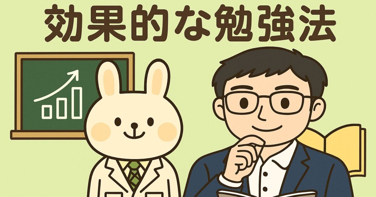 白衣を着たうさぎのキャラクター「みどりん」と、ノートを手にしたスーツ姿の男性キャラクター「まなぶくん」が並んで立っている。背景には学習をイメージした黒板のグラフや開いた本が描かれ、上部には「効果的な勉強法」という文字が表示されているイラスト。