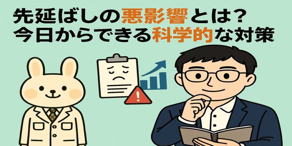 まなぶくんと薬剤師みどりんが並んで立ち、ノートや資料を手に先延ばし対策について説明している様子。背景には時計やタスクのアイコンが配置され、記事テーマである“先延ばしの悪影響と対策”がイメージしやすいデザインの横長イラスト。
