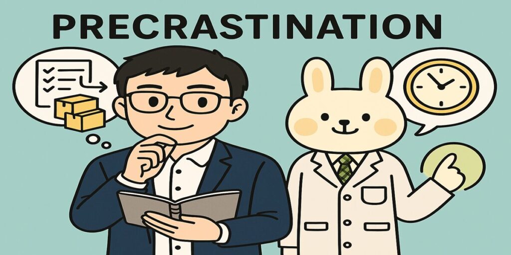 ノートを手にしたまなぶくんと、白衣を着た薬剤師うさぎのみどりんが並んで立ち、『思いついたらすぐ行動してしまう前倒し行動（プレクラスティネーション）』について話し合っている様子を表したイラスト。背景は淡い色で、思考や判断をテーマにした雰囲気。