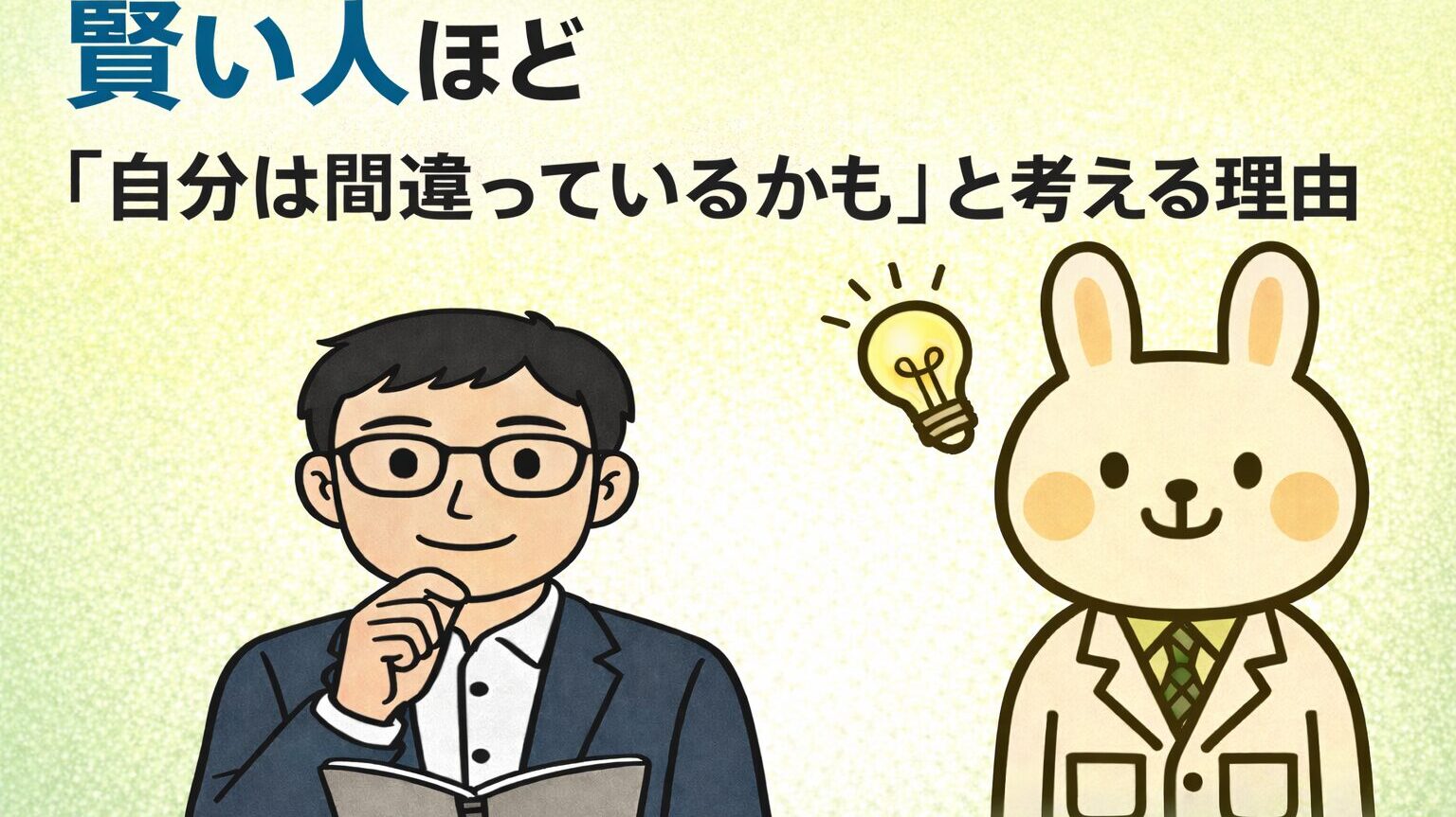 眼鏡をかけた男性キャラクター「まなぶくん」が本を読みながら考え込んでおり、隣には白衣を着たうさぎの薬剤師キャラクター「みどりん」が立っている。背景は淡い緑色で、電球のアイコンとともに「賢い人ほど『自分は間違っているかも』と考える理由」というテーマを表現した横長のアイキャッチ画像。