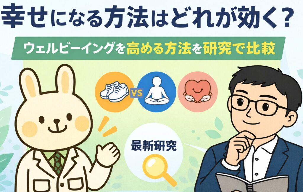 白衣を着たうさぎの薬剤師キャラクター「みどりん」と、ノートを持ちながら考える男性キャラクター「まなぶくん」が並び、「幸せになる方法はどれが効く？」というテーマのもと、運動・瞑想・ポジティブ心理などの方法を比較している様子を表したイラスト