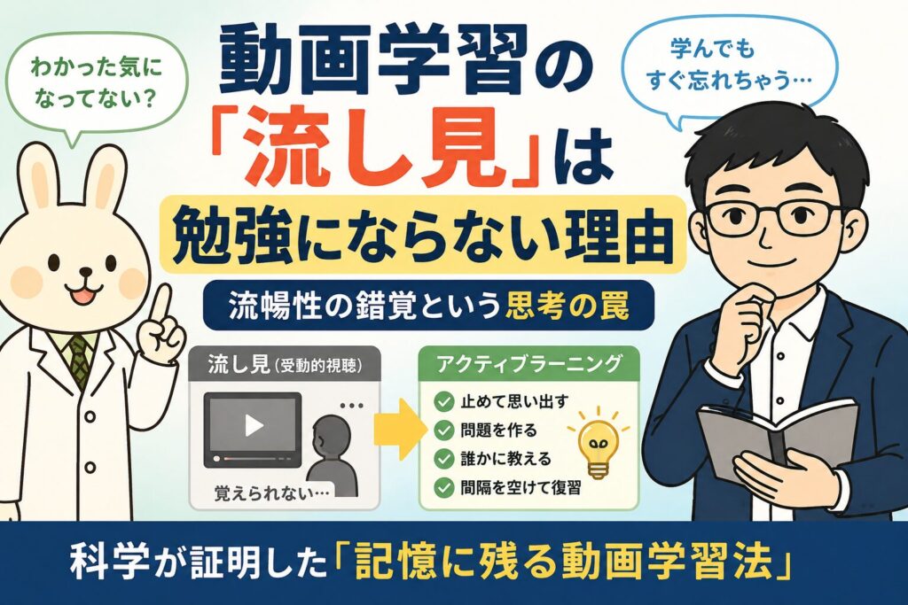 動画学習の「流し見」は勉強にならない理由を解説するアイキャッチ画像。左には白衣を着たうさぎキャラクター「みどりん」が指を立て、「わかった気になってない？」と吹き出しで話している。右にはノートを持った眼鏡の男性キャラクター「まなぶくん」が考え込むポーズで、「学んでもすぐ忘れちゃう…」と吹き出しで悩んでいる。中央には「動画学習の『流し見』は勉強にならない理由」という大きなタイトルと、「流暢性の錯覚という思考の罠」というサブタイトルが配置されている。下部には「流し見（受動的視聴）」と「アクティブラーニング」の比較図があり、「止めて思い出す」「問題を作る」「誰かに教える」「間隔を空けて復習」などの学習法が紹介されている。全体は青・黄色・緑を基調とした親しみやすい教育系デザイン。
