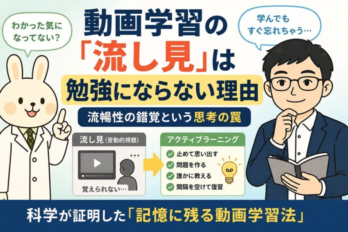 動画学習の「流し見」は勉強にならない理由を解説するアイキャッチ画像。左には白衣を着たうさぎキャラクター「みどりん」が指を立て、「わかった気になってない？」と吹き出しで話している。右にはノートを持った眼鏡の男性キャラクター「まなぶくん」が考え込むポーズで、「学んでもすぐ忘れちゃう…」と吹き出しで悩んでいる。中央には「動画学習の『流し見』は勉強にならない理由」という大きなタイトルと、「流暢性の錯覚という思考の罠」というサブタイトルが配置されている。下部には「流し見（受動的視聴）」と「アクティブラーニング」の比較図があり、「止めて思い出す」「問題を作る」「誰かに教える」「間隔を空けて復習」などの学習法が紹介されている。全体は青・黄色・緑を基調とした親しみやすい教育系デザイン。