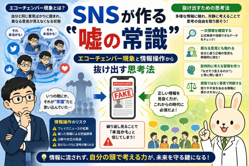 みどりんとうさぎのキャラクター、まなぶくんが登場するインフォグラフィック風アイキャッチ画像。中央に「SNSが作る“嘘の常識”」という大きなタイトルが配置され、エコーチェンバー現象と情報操作の危険性を解説している。左側には、SNSの同じ意見ばかりに囲まれた人々のイラストと「それ本当かも！」という吹き出しが描かれ、右側には「抜け出すための思考法」として、一次情報の確認・異なる意見に触れる・批判的思考などの対策が整理されている。下部には「情報に流されず、自分の頭で考える力が未来を守る鍵になる！」というメッセージが強調されている。