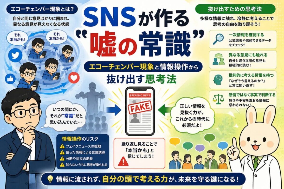 みどりんとうさぎのキャラクター、まなぶくんが登場するインフォグラフィック風アイキャッチ画像。中央に「SNSが作る“嘘の常識”」という大きなタイトルが配置され、エコーチェンバー現象と情報操作の危険性を解説している。左側には、SNSの同じ意見ばかりに囲まれた人々のイラストと「それ本当かも！」という吹き出しが描かれ、右側には「抜け出すための思考法」として、一次情報の確認・異なる意見に触れる・批判的思考などの対策が整理されている。下部には「情報に流されず、自分の頭で考える力が未来を守る鍵になる！」というメッセージが強調されている。