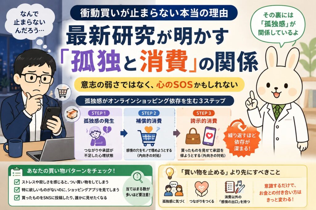 衝動買いと孤独感の関係をテーマにした横長のアイキャッチ画像。左側には、夜の部屋でスマホを見ながら悩む眼鏡の男性キャラクター「学くん」が描かれ、「なんで止まらないんだろう…」という吹き出しがある。右側には、白衣を着たうさぎキャラクター「みどりん」が指を立てながら、「その裏には『孤独感』が関係しているよ」と説明している。中央には「衝動買いが止まらない本当の理由」「最新研究が明かす『孤独と消費』の関係」という大きなタイトルが配置され、「意志の弱さではなく、心のSOSかもしれない」というメッセージが強調されている。下部には、孤独感からオンラインショッピング依存に至る3ステップ（孤独感の発生→補償的消費→誇示的消費）を図解したインフォグラフィックや、買い物パターンを確認するチェックリスト、対策のヒントがまとめられている。全体は青・紫・オレンジ・緑を基調とした、わかりやすく親しみやすい教育系デザイン。