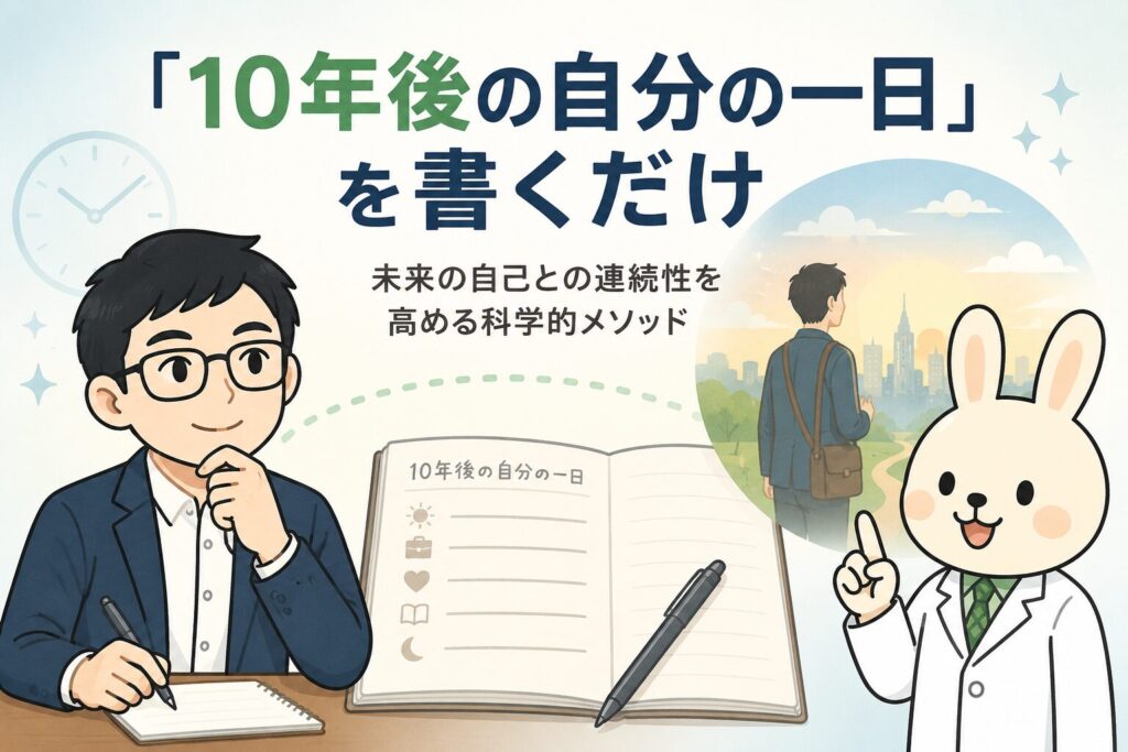 **代替テキスト** みどりん（白衣を着たうさぎの薬剤師キャラクター）と学くん（ノートを持つ男性キャラクター）が登場し、「10年後の自分の一日」をテーマに未来を思い描く様子を描いた横長のアイキャッチ画像。中央には開いたノートとペンが置かれ、学くんが将来の理想の一日を書き出している。背景には未来の街並みや朝日を見つめる人物のイラストが配置され、「未来の自己との連続性を高める科学的メソッド」というテーマを表現している。全体は淡い青と緑を基調としたシンプルで親しみやすいデザイン。