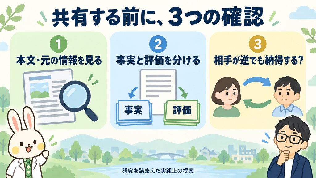 ニュースを共有する前の3つの確認ポイント。本文・元の情報を見る、事実と評価を分ける、相手が逆でも同じ根拠で納得するか考える。研究を踏まえた実践上の提案をまとめた図。