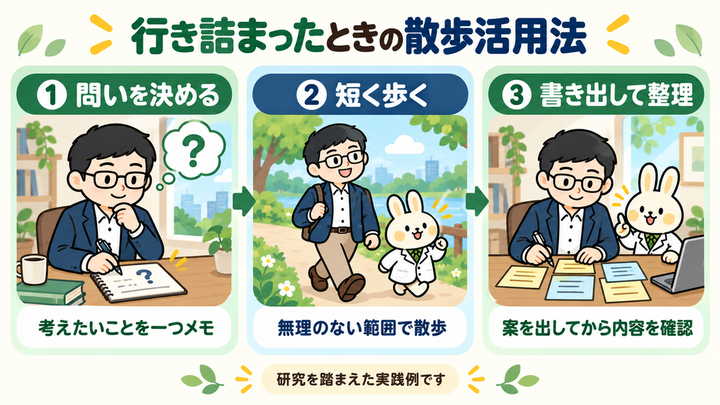 行き詰まったときの散歩活用法を、みどりんとまなぶくんが紹介。問いを一つ決める、無理のない範囲で短く歩く、戻って案を書き出し内容を確認する、という研究を踏まえた実践例の3ステップ。
