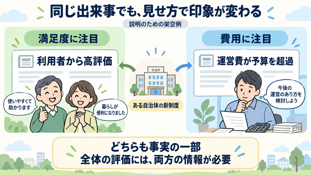 同じ自治体の新制度を「利用者から高評価」と「運営費が予算を超過」の2つの見出しで伝える架空例。取り上げる情報によって印象が変わり、全体の評価には両方の情報が必要であることを示す図。